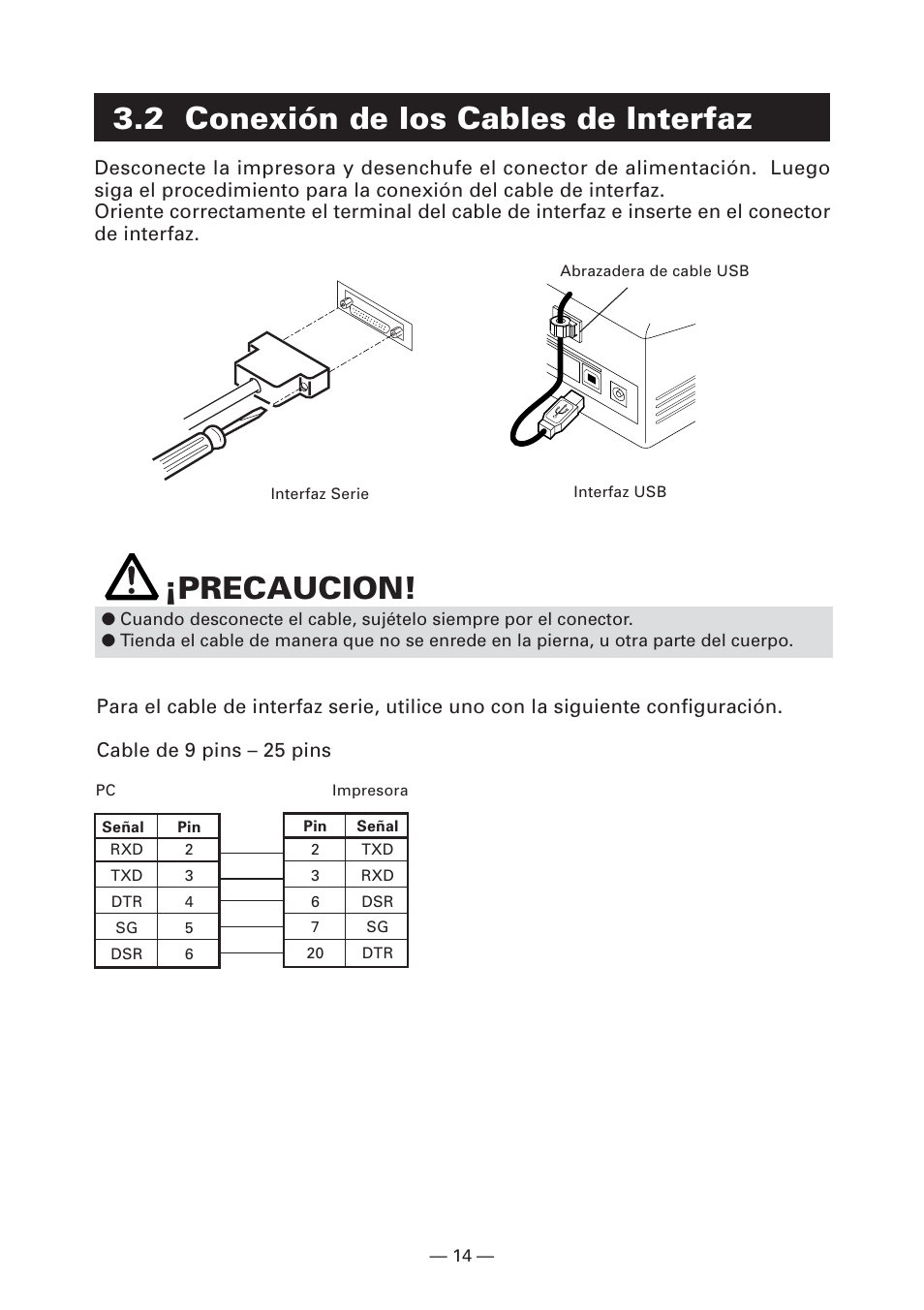 2 conexión de los cables de interfaz, Precaucion | CITIZEN CT-S281 User Manual | Page 129 / 144