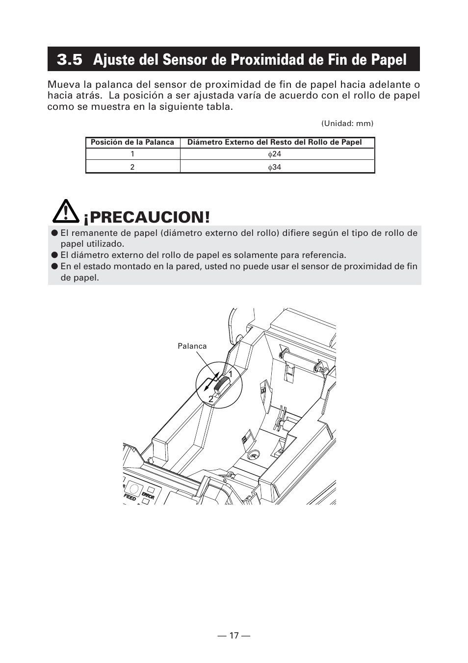 5 ajuste del sensor de proximidad de fin de papel, Precaucion | CITIZEN CT-S281 User Manual | Page 132 / 144