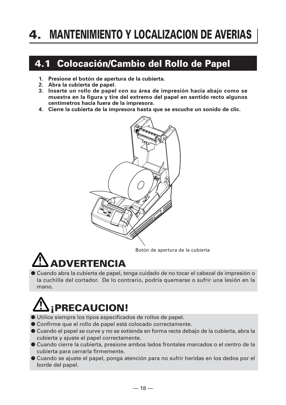 Mantenimiento y localizacion de averias, 1 colocación/cambio del rollo de papel, Advertencia | Precaucion | CITIZEN CT-S281 User Manual | Page 133 / 144