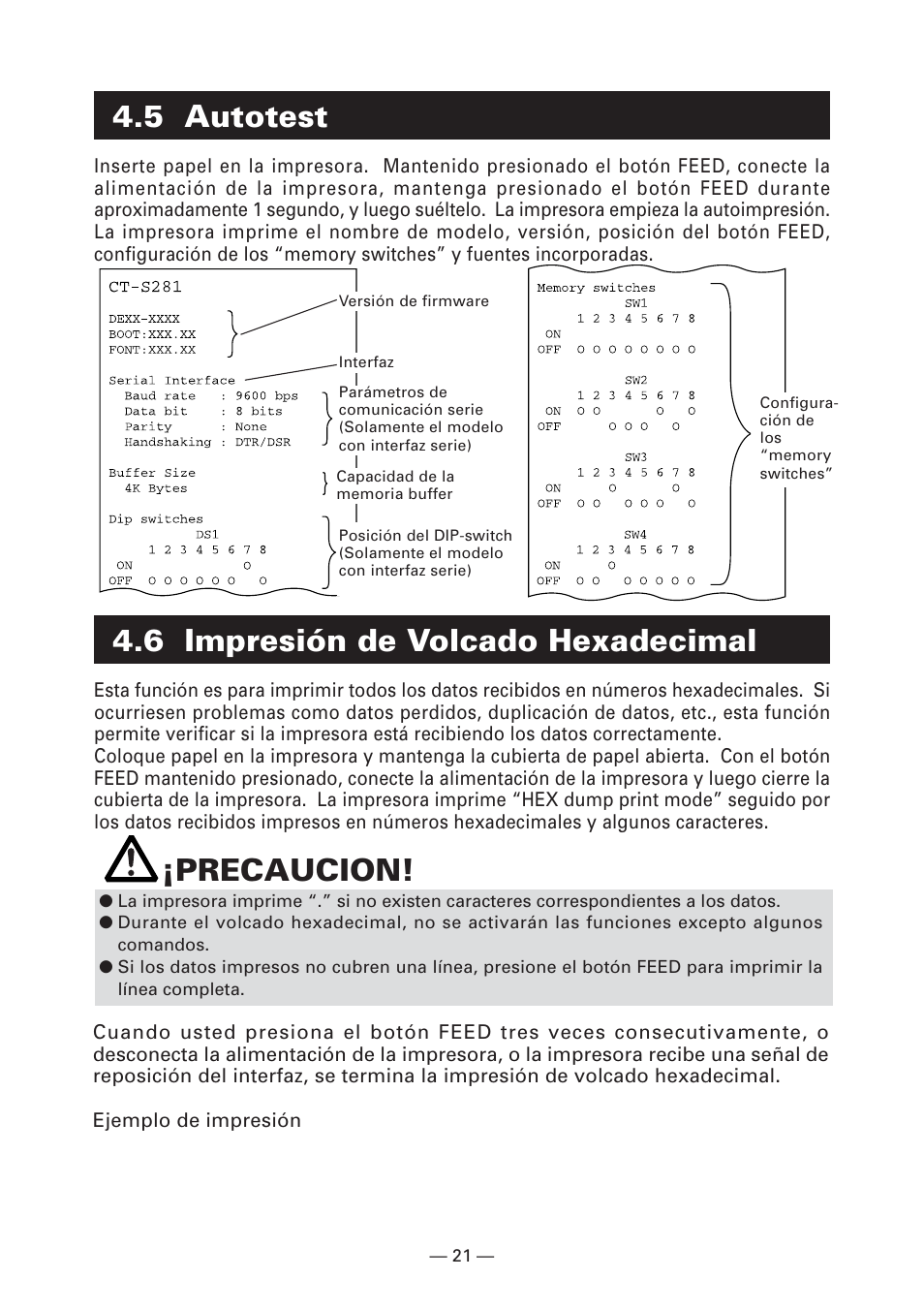 5 autotest, 6 impresión de volcado hexadecimal, Precaucion | CITIZEN CT-S281 User Manual | Page 136 / 144