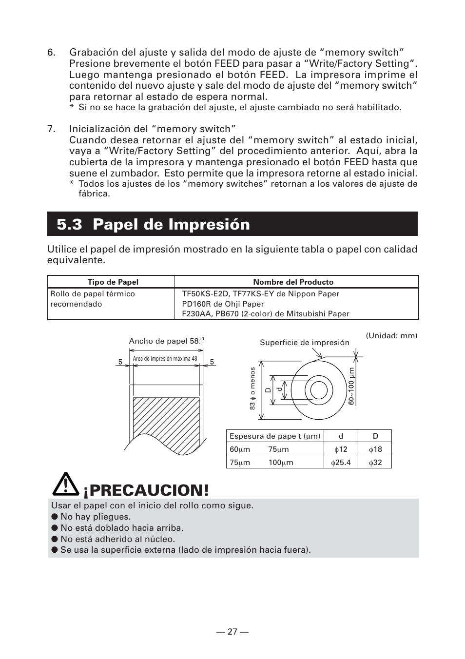 3 papel de impresión, Precaucion | CITIZEN CT-S281 User Manual | Page 142 / 144