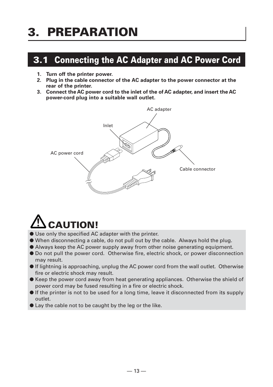 Preparation, 1 connecting the ac adapter and ac power cord, Caution | CITIZEN CT-S281 User Manual | Page 16 / 144