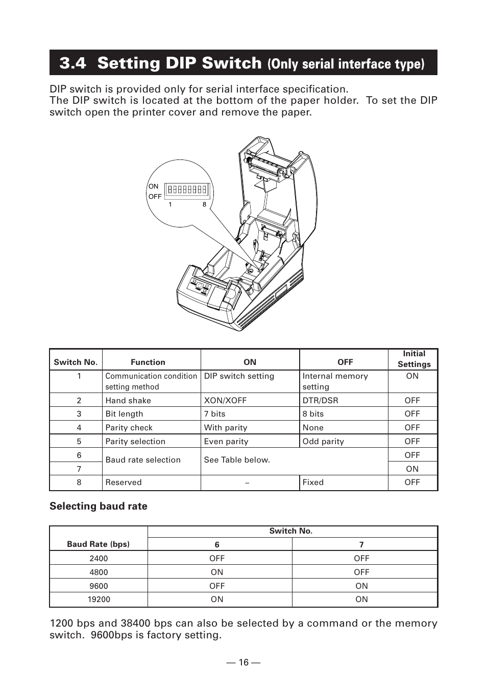 4 setting dip switch (only serial interface type), 4 setting dip switch, Only serial interface type) | Selecting baud rate | CITIZEN CT-S281 User Manual | Page 19 / 144