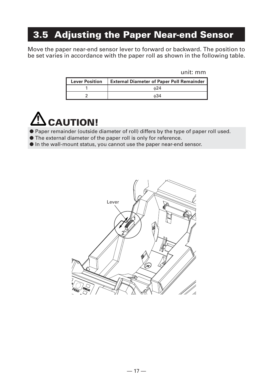 5 adjusting the paper near-end sensor, Caution | CITIZEN CT-S281 User Manual | Page 20 / 144