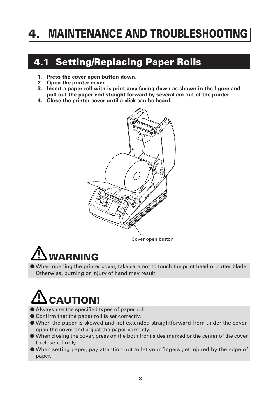 Maintenance and troubleshooting, 1 setting/replacing paper rolls, Warning | Caution | CITIZEN CT-S281 User Manual | Page 21 / 144