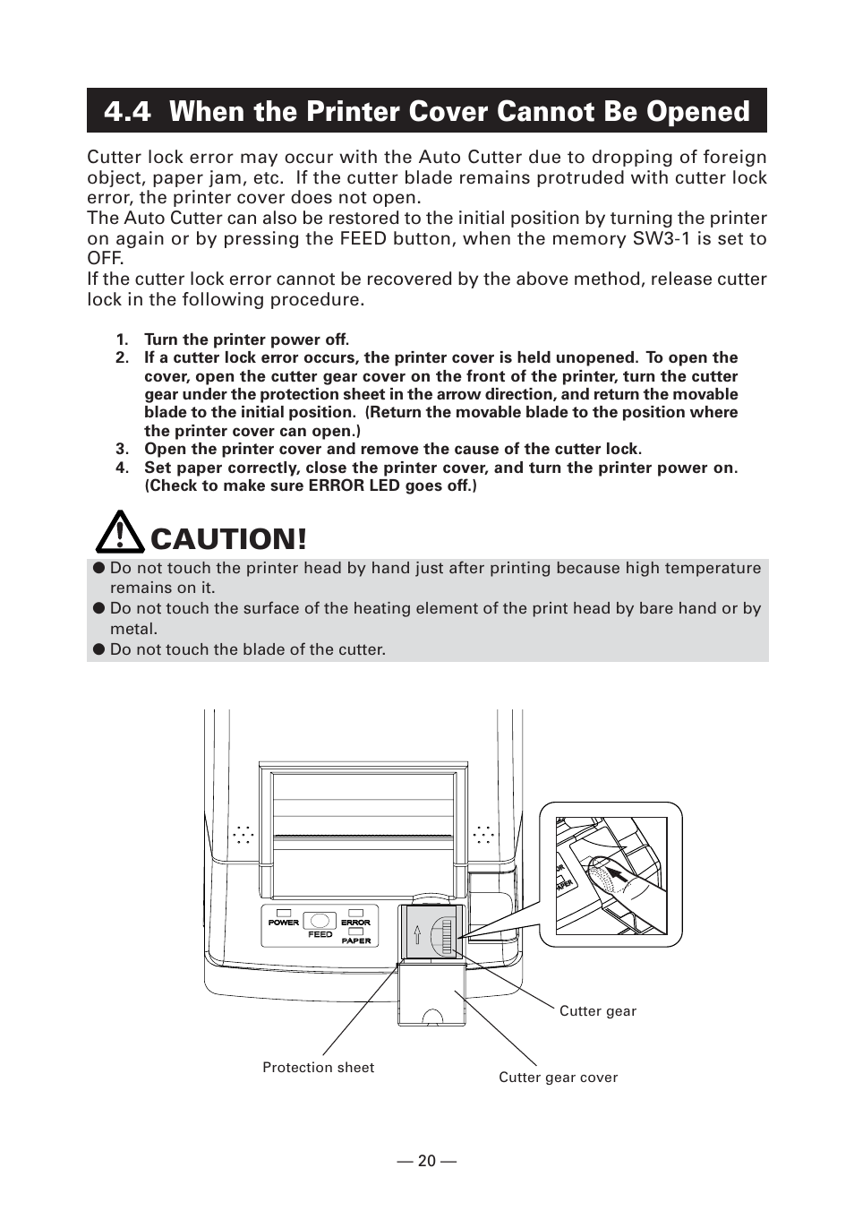 4 when the printer cover cannot be opened, Caution | CITIZEN CT-S281 User Manual | Page 23 / 144
