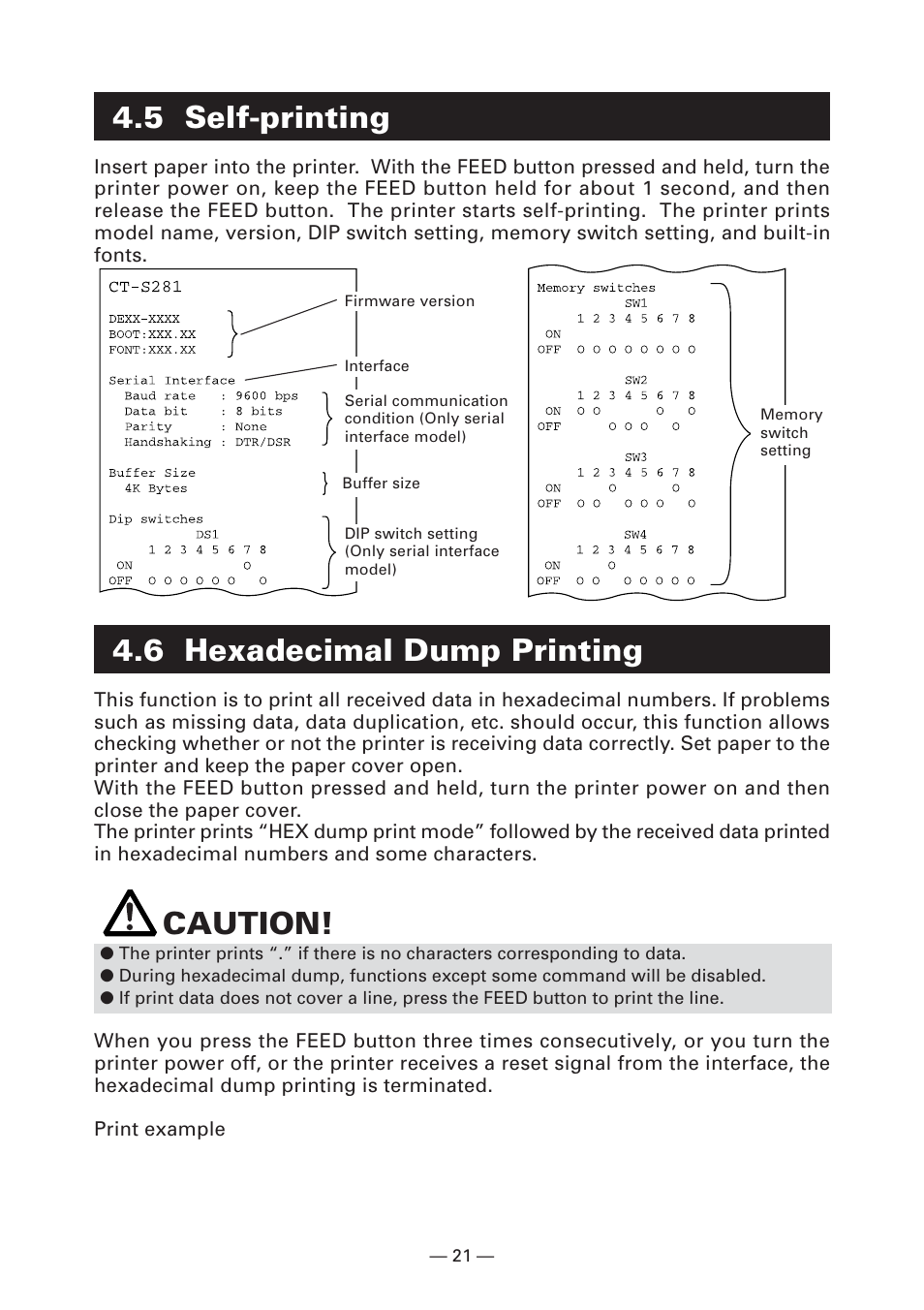 5 self-printing, 6 hexadecimal dump printing, Caution | CITIZEN CT-S281 User Manual | Page 24 / 144