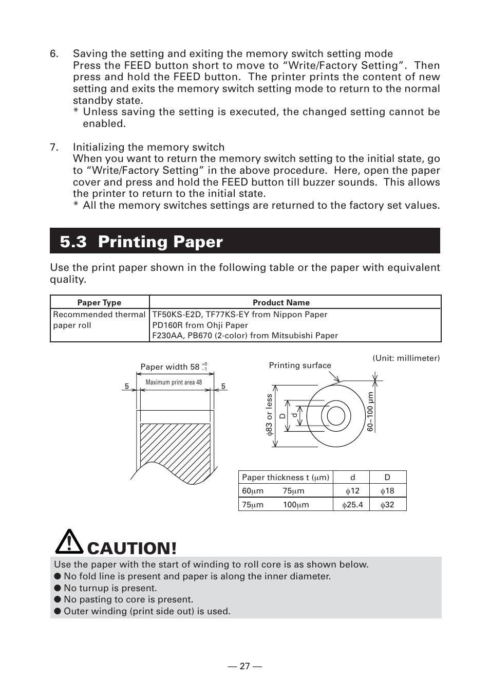 3 printing paper, Caution | CITIZEN CT-S281 User Manual | Page 30 / 144