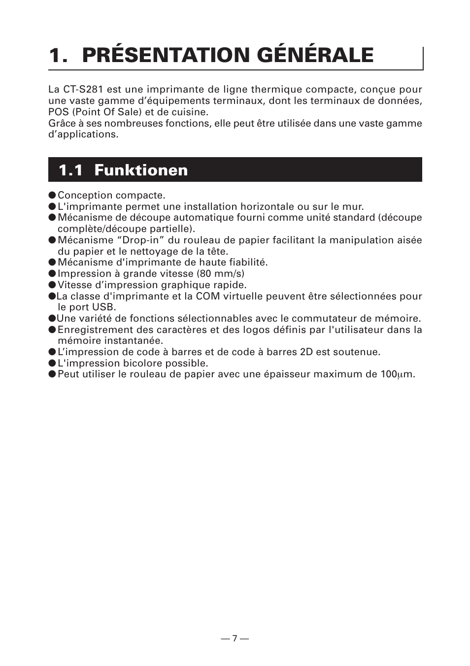 Présentation générale, 1 funktionen | CITIZEN CT-S281 User Manual | Page 38 / 144