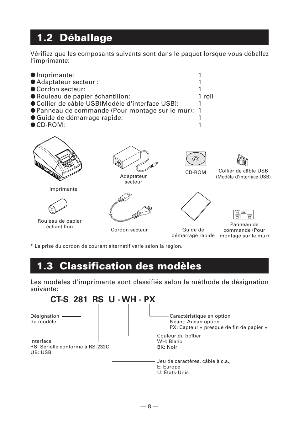 2 déballage, 3 classification des modèles, Ct-s 281 rs u - wh - px | CITIZEN CT-S281 User Manual | Page 39 / 144