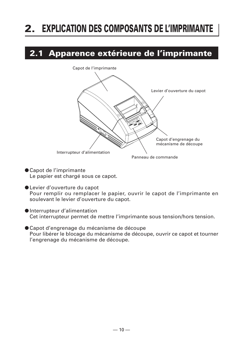 Explication des composants de l’imprimante, 1 apparence extérieure de l’imprimante | CITIZEN CT-S281 User Manual | Page 41 / 144