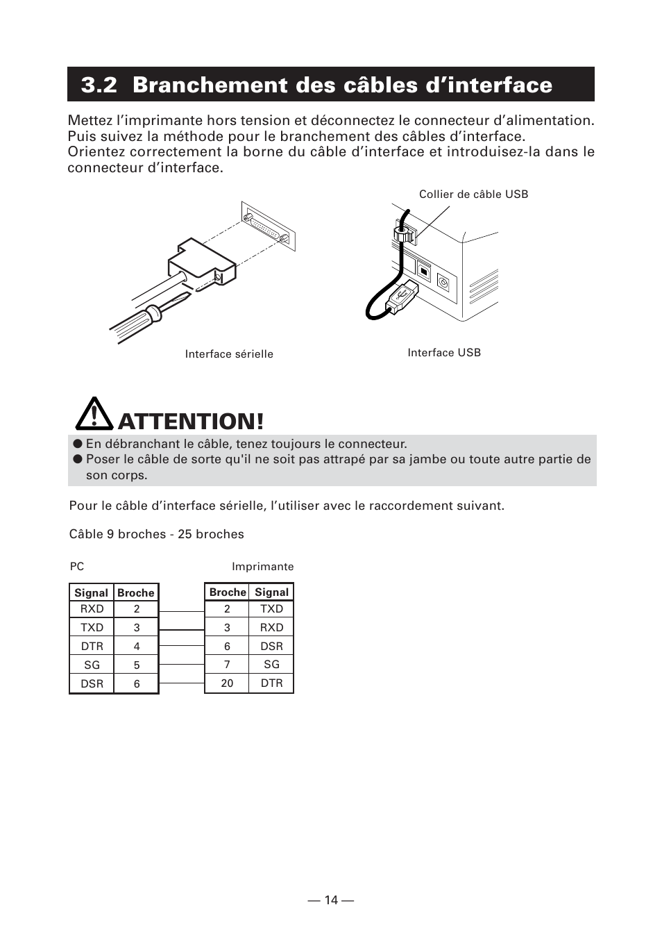 2 branchement des câbles d’interface, Attention | CITIZEN CT-S281 User Manual | Page 45 / 144