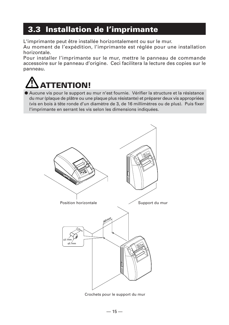 3 installation de l’imprimante, Attention | CITIZEN CT-S281 User Manual | Page 46 / 144