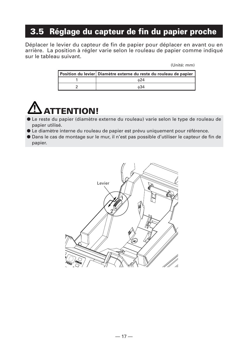 5 réglage du capteur de fin du papier proche, Attention | CITIZEN CT-S281 User Manual | Page 48 / 144