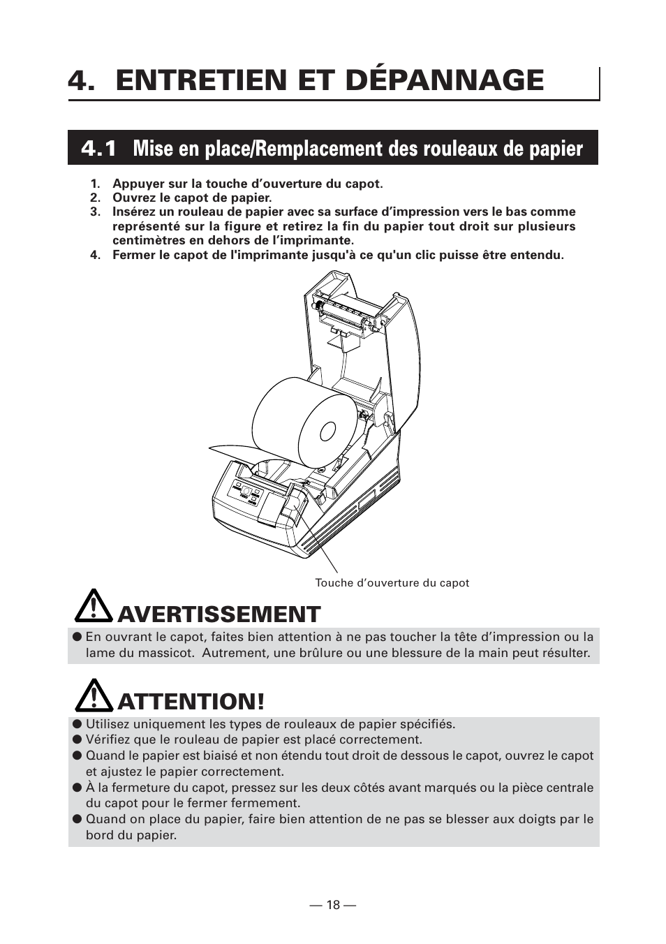 Entretien et dépannage, Avertissement, Attention | CITIZEN CT-S281 User Manual | Page 49 / 144