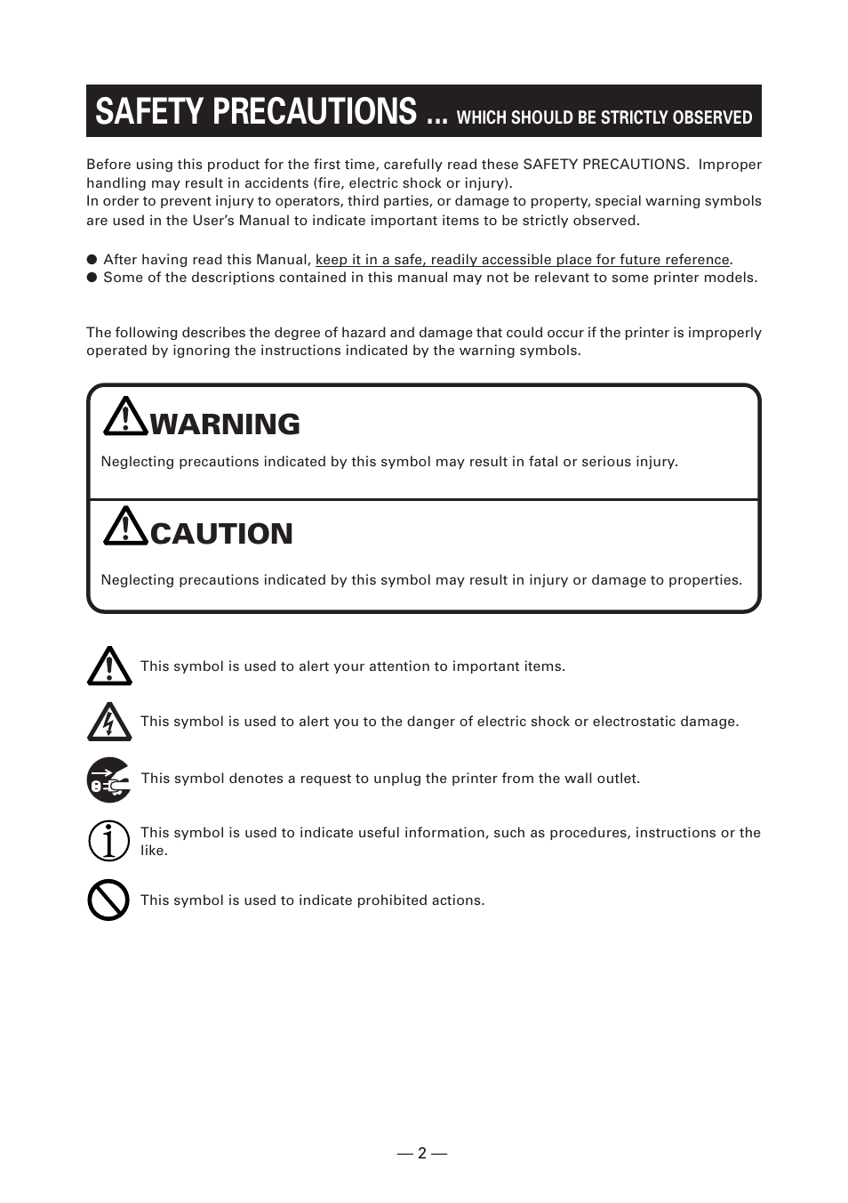 Safety precautions, Warning, Caution | CITIZEN CT-S281 User Manual | Page 5 / 144