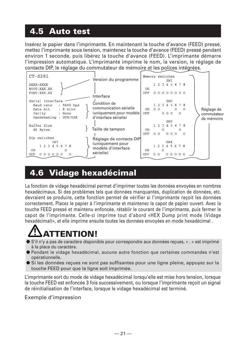 5 auto test, 6 vidage hexadécimal, Attention | CITIZEN CT-S281 User Manual | Page 52 / 144