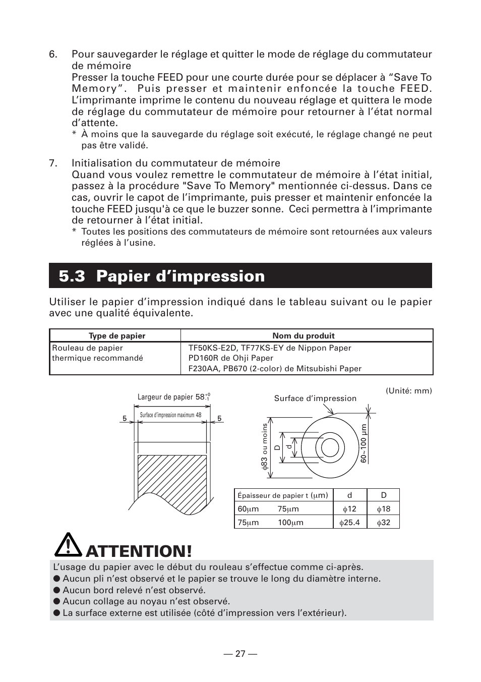 3 papier d’impression, Attention | CITIZEN CT-S281 User Manual | Page 58 / 144