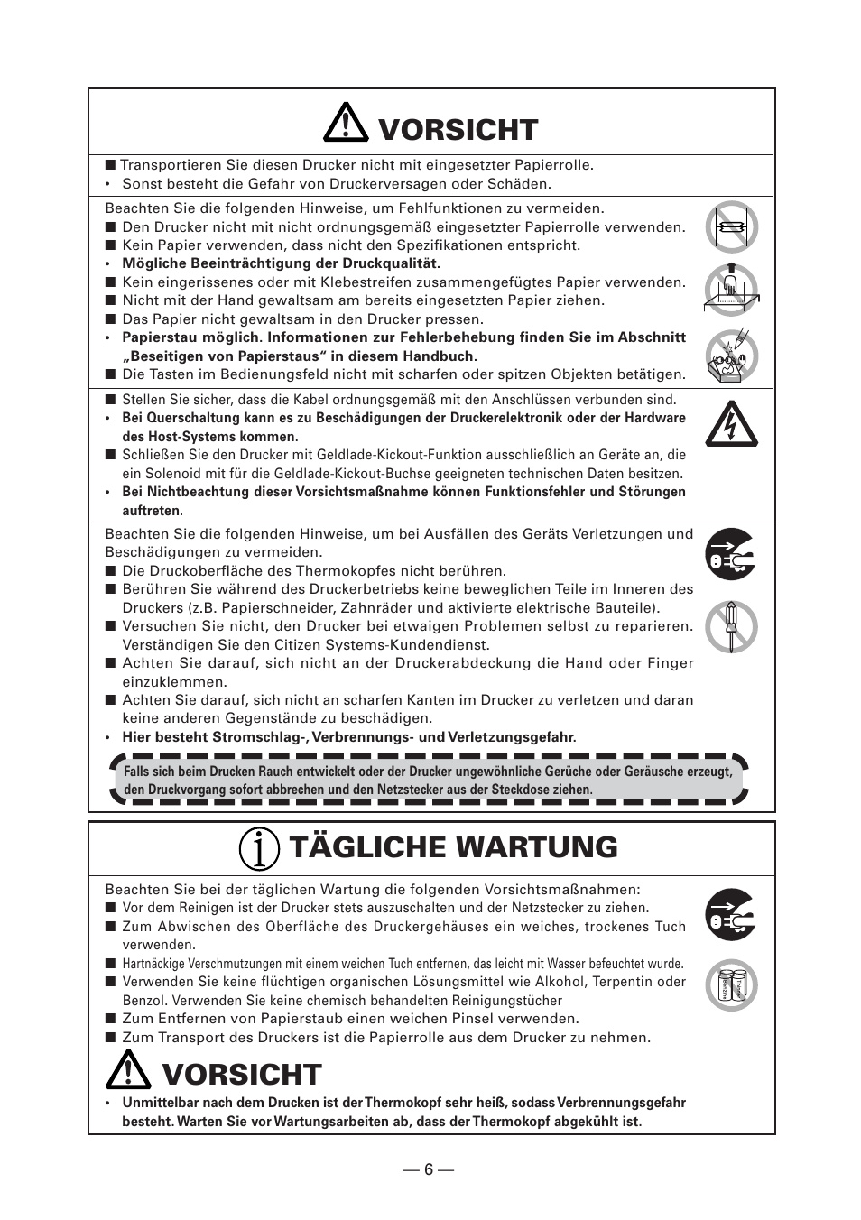 Vorsicht, Tägliche wartung vorsicht | CITIZEN CT-S281 User Manual | Page 65 / 144