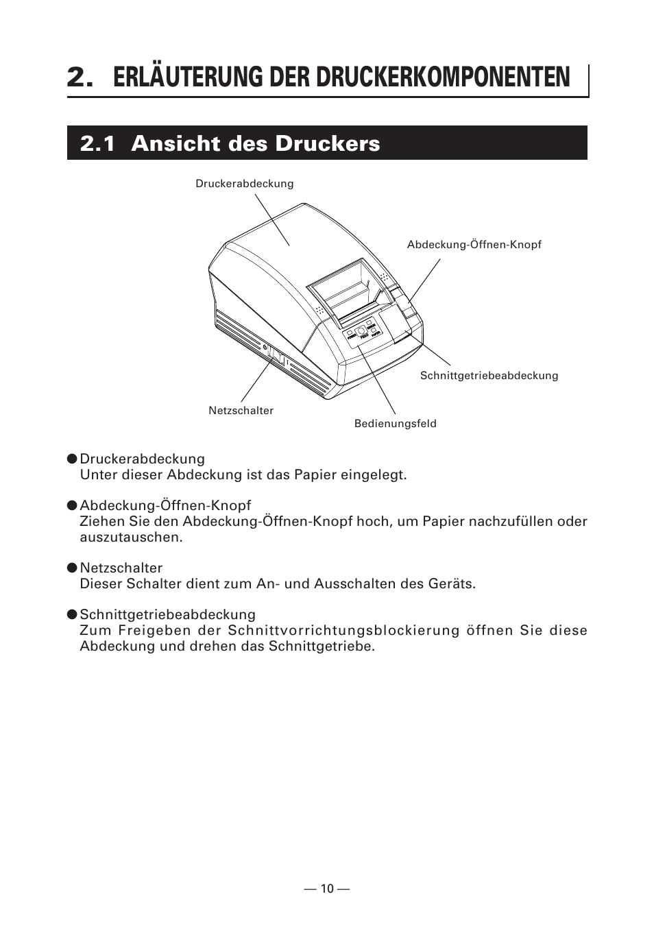 Erläuterung der druckerkomponenten, 1 ansicht des druckers | CITIZEN CT-S281 User Manual | Page 69 / 144