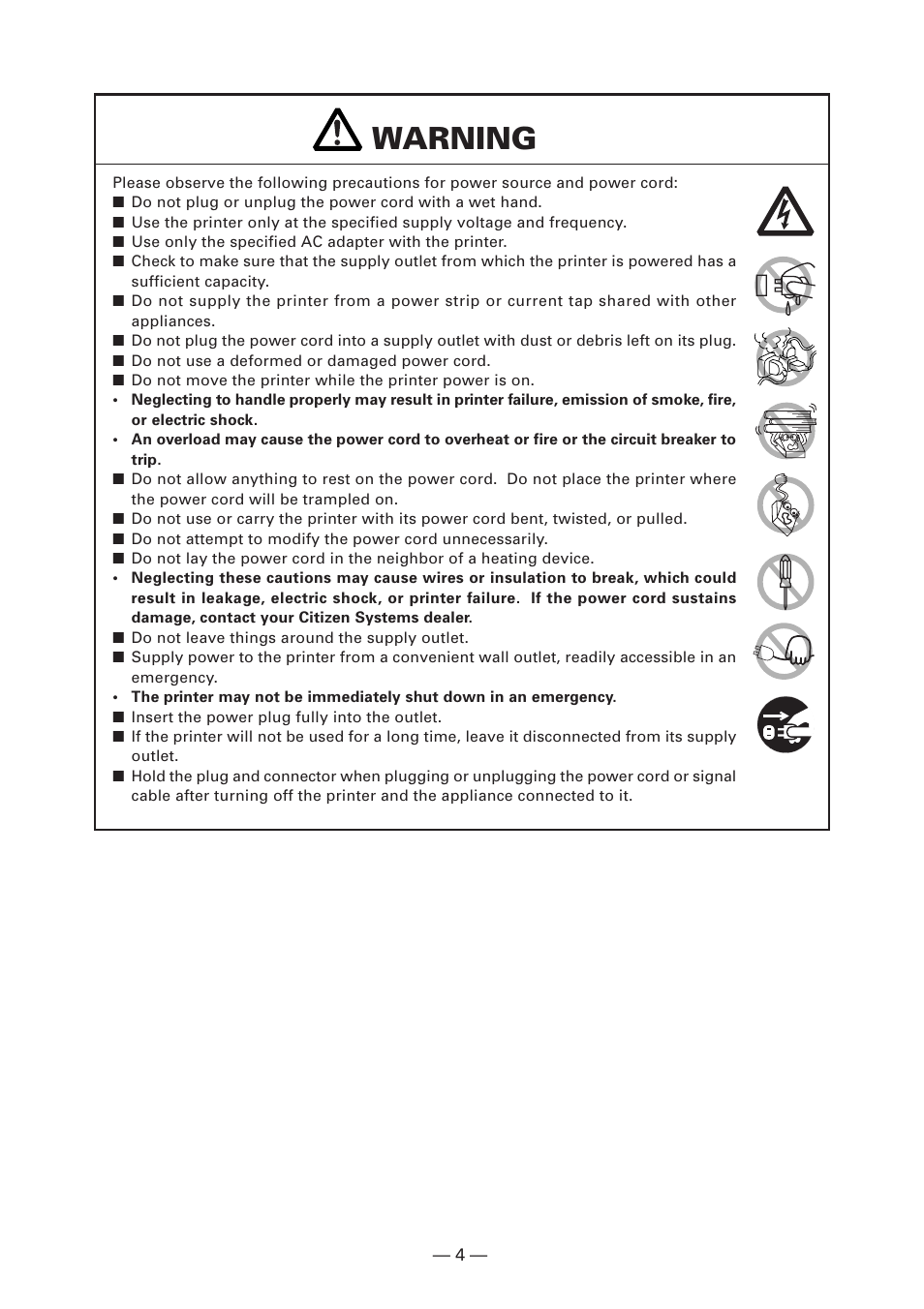 Warning | CITIZEN CT-S281 User Manual | Page 7 / 144