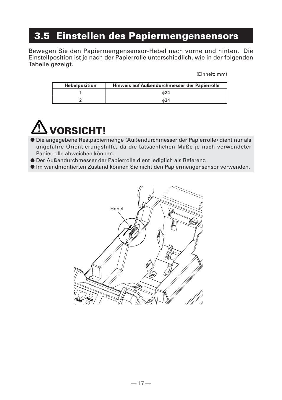 5 einstellen des papiermengensensors, Vorsicht | CITIZEN CT-S281 User Manual | Page 76 / 144