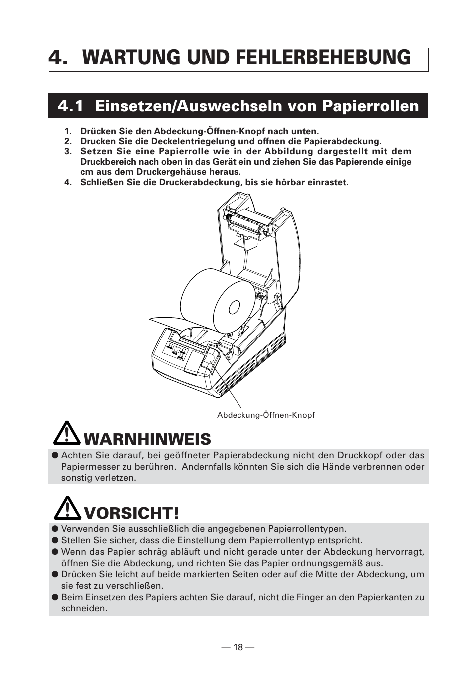 Wartung und fehlerbehebung, 1 einsetzen/auswechseln von papierrollen, Warnhinweis | Vorsicht | CITIZEN CT-S281 User Manual | Page 77 / 144