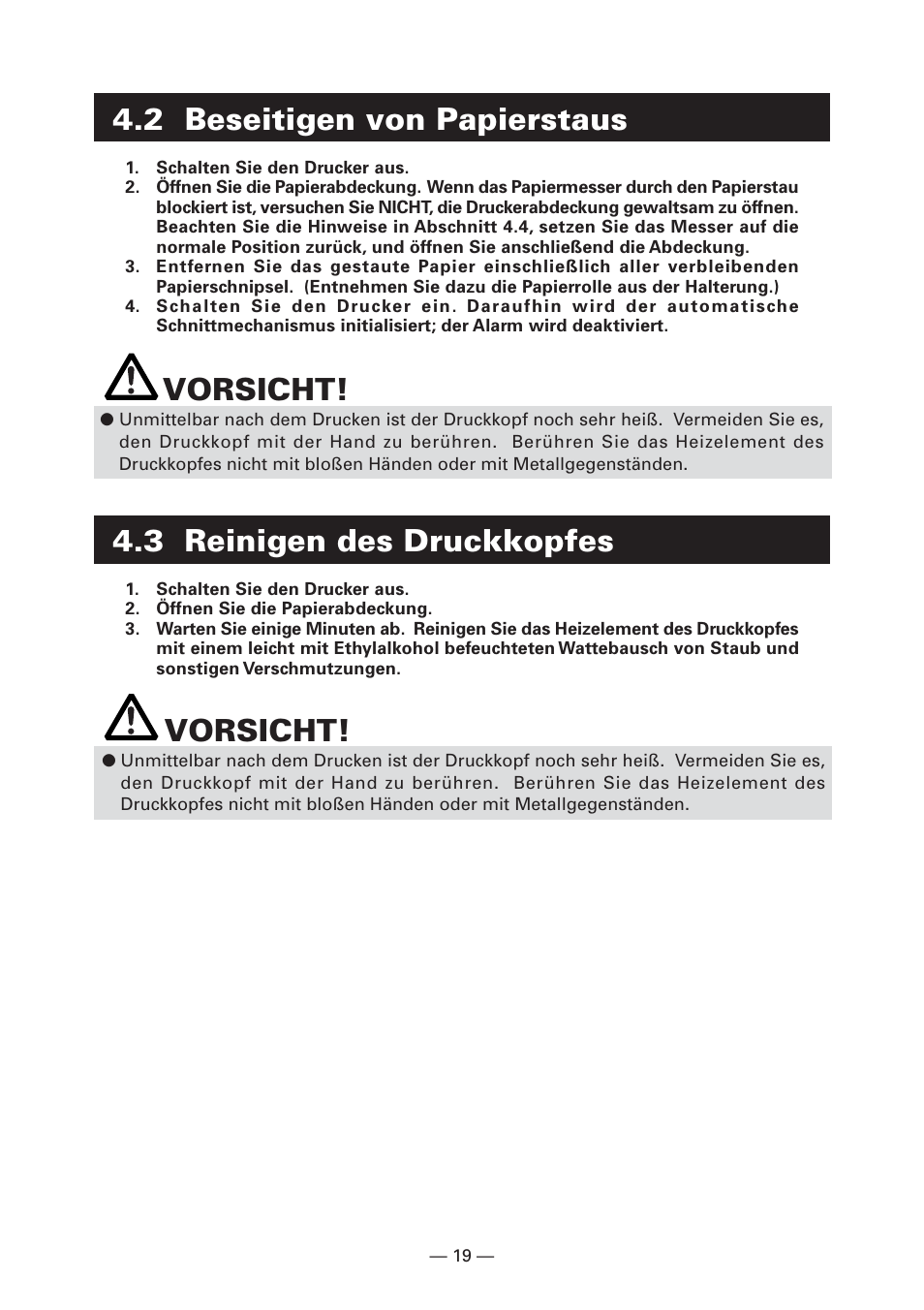 2 beseitigen von papierstaus, 3 reinigen des druckkopfes, Vorsicht | CITIZEN CT-S281 User Manual | Page 78 / 144