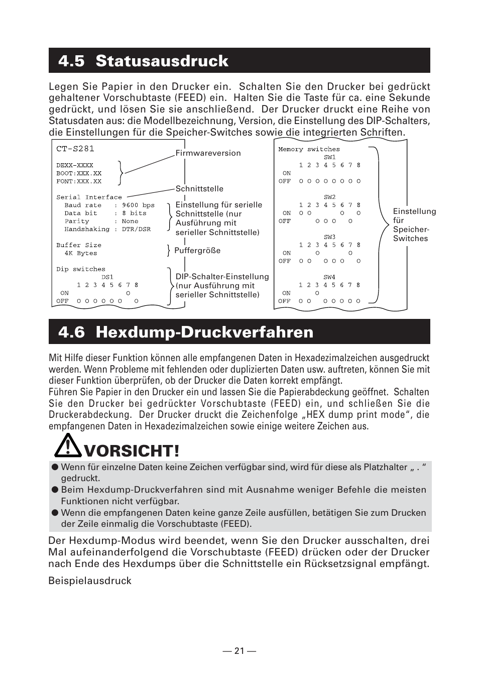 5 statusausdruck, 6 hexdump-druckverfahren, Vorsicht | CITIZEN CT-S281 User Manual | Page 80 / 144