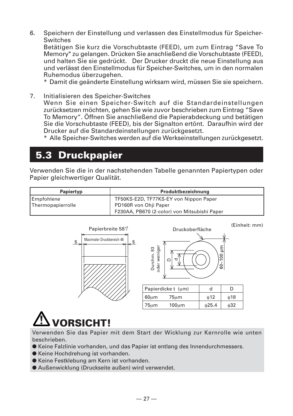 3 druckpapier, Vorsicht | CITIZEN CT-S281 User Manual | Page 86 / 144