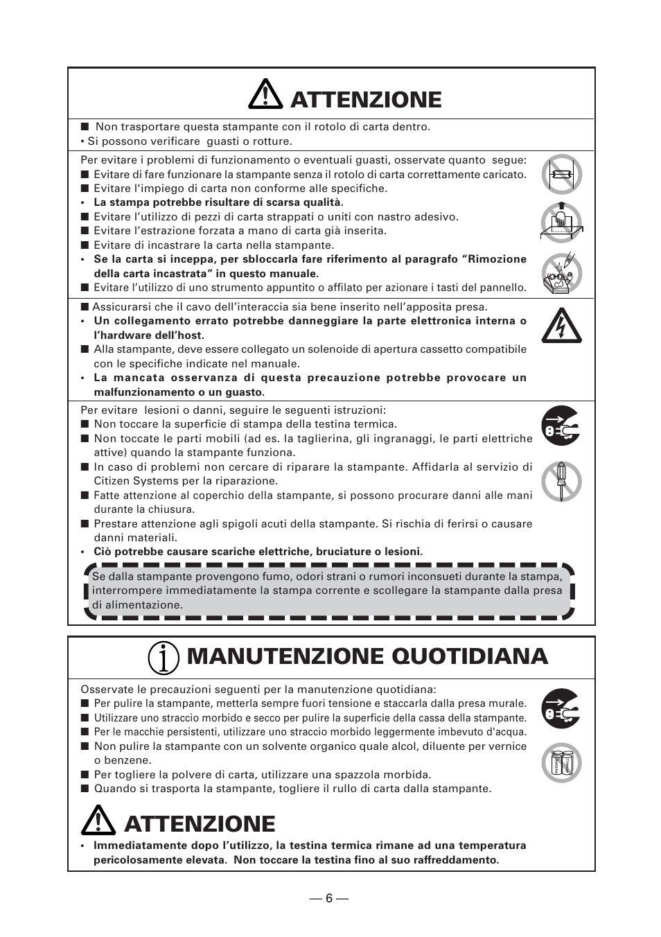 Attenzione, Manutenzione quotidiana attenzione | CITIZEN CT-S281 User Manual | Page 93 / 144