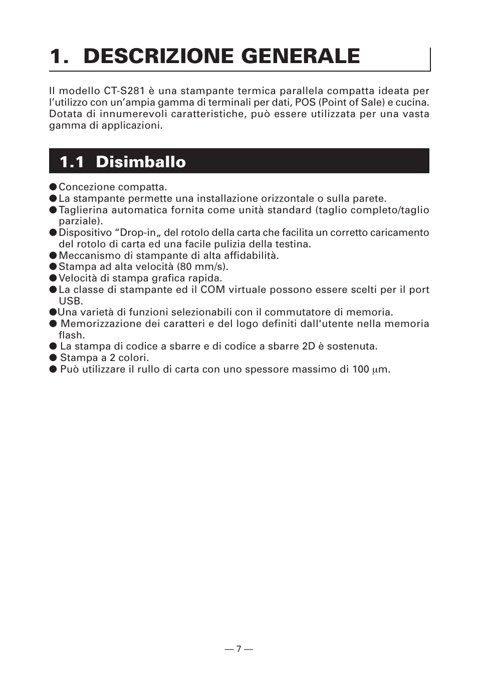 Descrizione generale, 1 disimballo | CITIZEN CT-S281 User Manual | Page 94 / 144