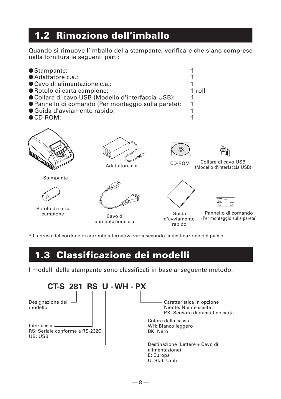 2 rimozione dell’imballo, 3 classificazione dei modelli, Ct-s 281 rs u - wh - px | CITIZEN CT-S281 User Manual | Page 95 / 144