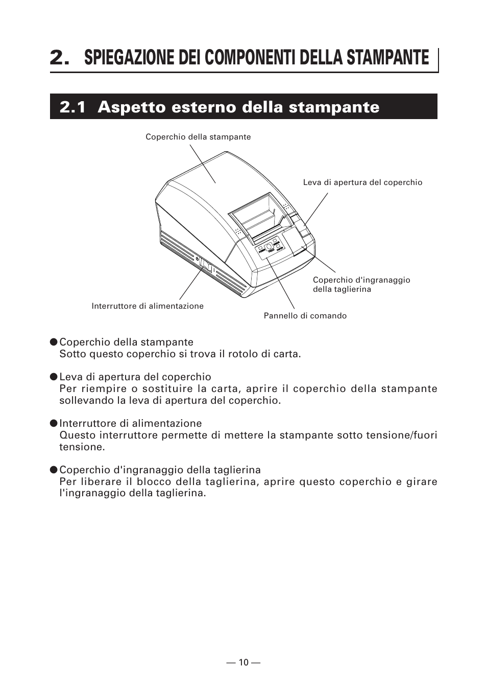 Spiegazione dei componenti della stampante, 1 aspetto esterno della stampante | CITIZEN CT-S281 User Manual | Page 97 / 144