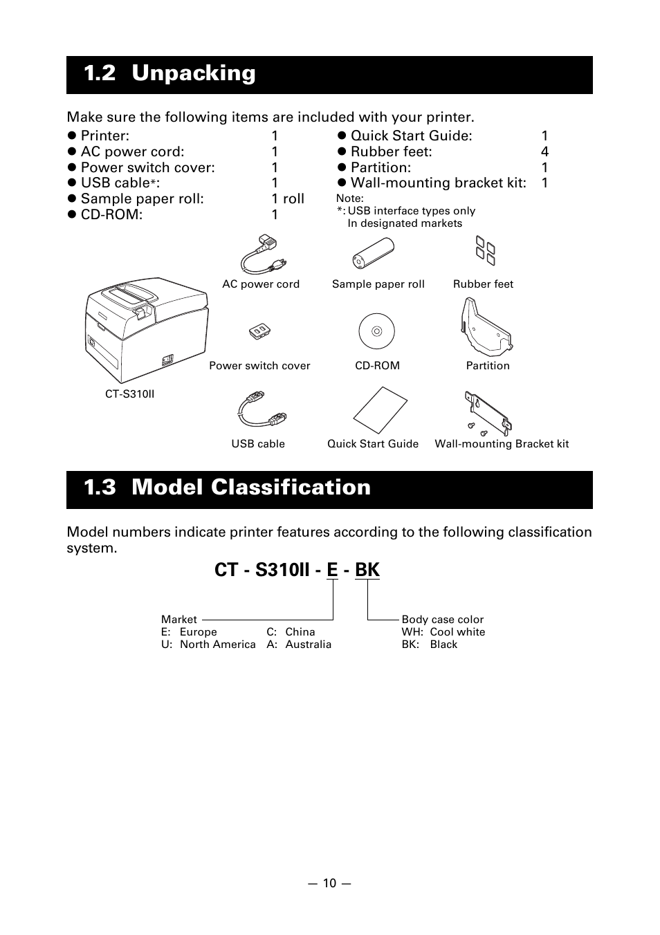 2 unpacking, 3 model classification, 2 unpacking 1.3 model classification | Ct - s310ii - e - bk | CITIZEN CT-S310II User Manual | Page 13 / 44