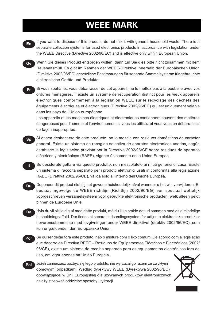 Weee mark | CITIZEN CT-S310II User Manual | Page 2 / 44