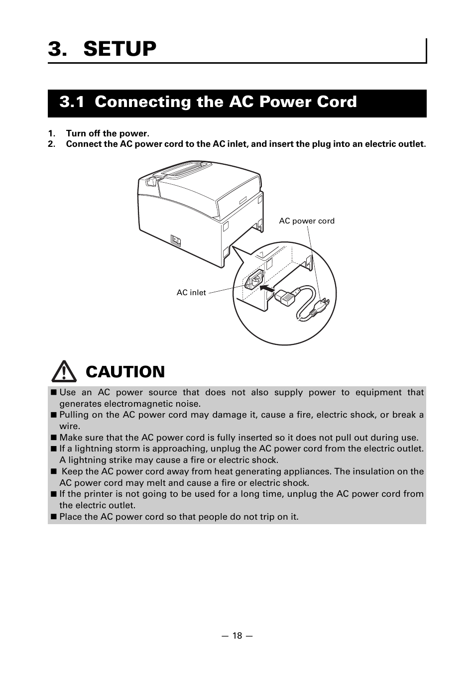 Setup, 1 connecting the ac power cord, 1 connecting the ac power cord caution | CITIZEN CT-S310II User Manual | Page 21 / 44