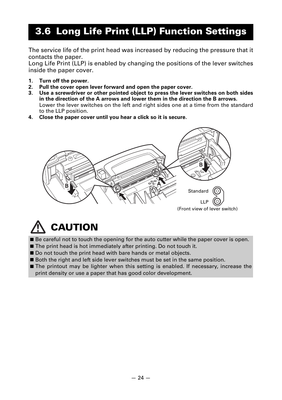 6 long life print (llp) function settings, 6 long life print (llp) function settings caution | CITIZEN CT-S310II User Manual | Page 27 / 44