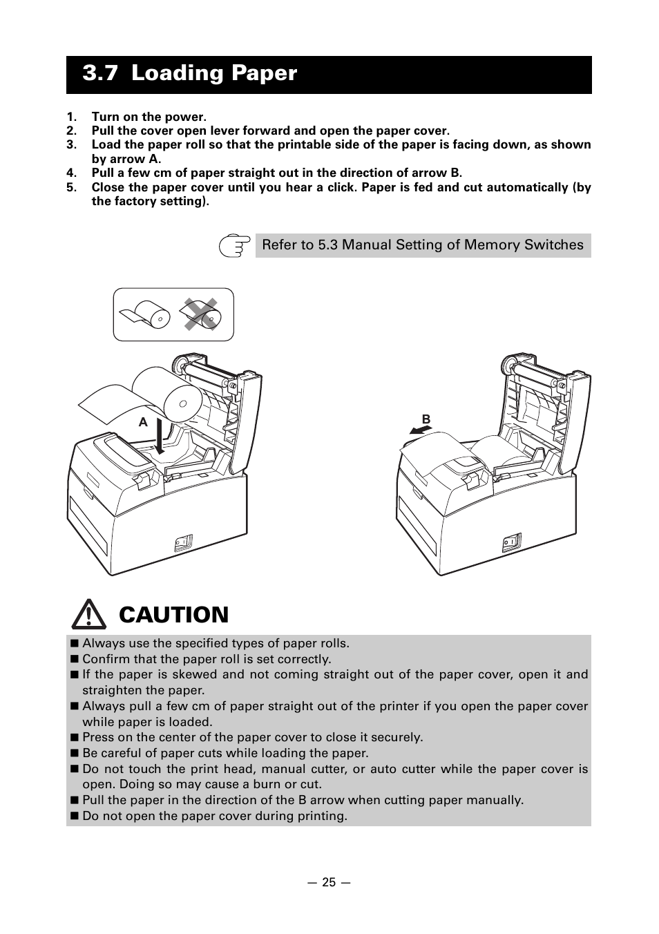 7 loading paper, Caution | CITIZEN CT-S310II User Manual | Page 28 / 44