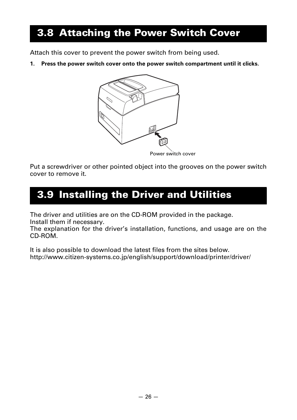 8 attaching the power switch cover, 9 installing the driver and utilities | CITIZEN CT-S310II User Manual | Page 29 / 44