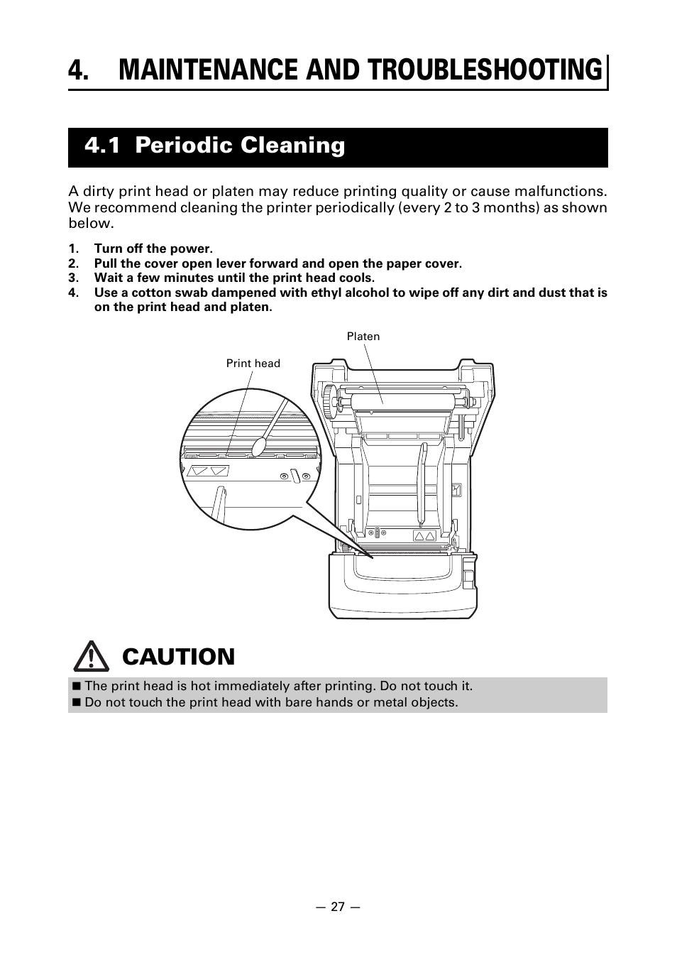 Maintenance and troubleshooting, 1 periodic cleaning, 1 periodic cleaning caution | CITIZEN CT-S310II User Manual | Page 30 / 44