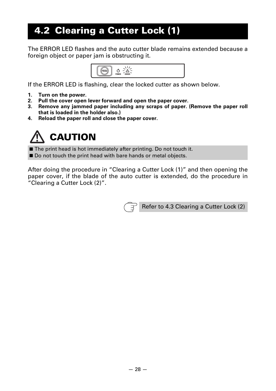 2 clearing a cutter lock (1), 2 clearing a cutter lock (1) caution | CITIZEN CT-S310II User Manual | Page 31 / 44