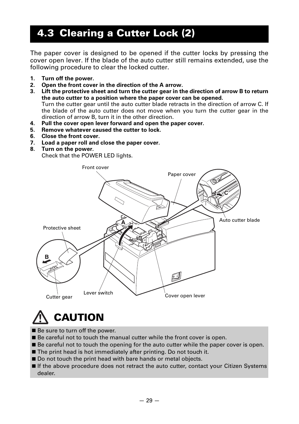 3 clearing a cutter lock (2), 3 clearing a cutter lock (2) caution | CITIZEN CT-S310II User Manual | Page 32 / 44