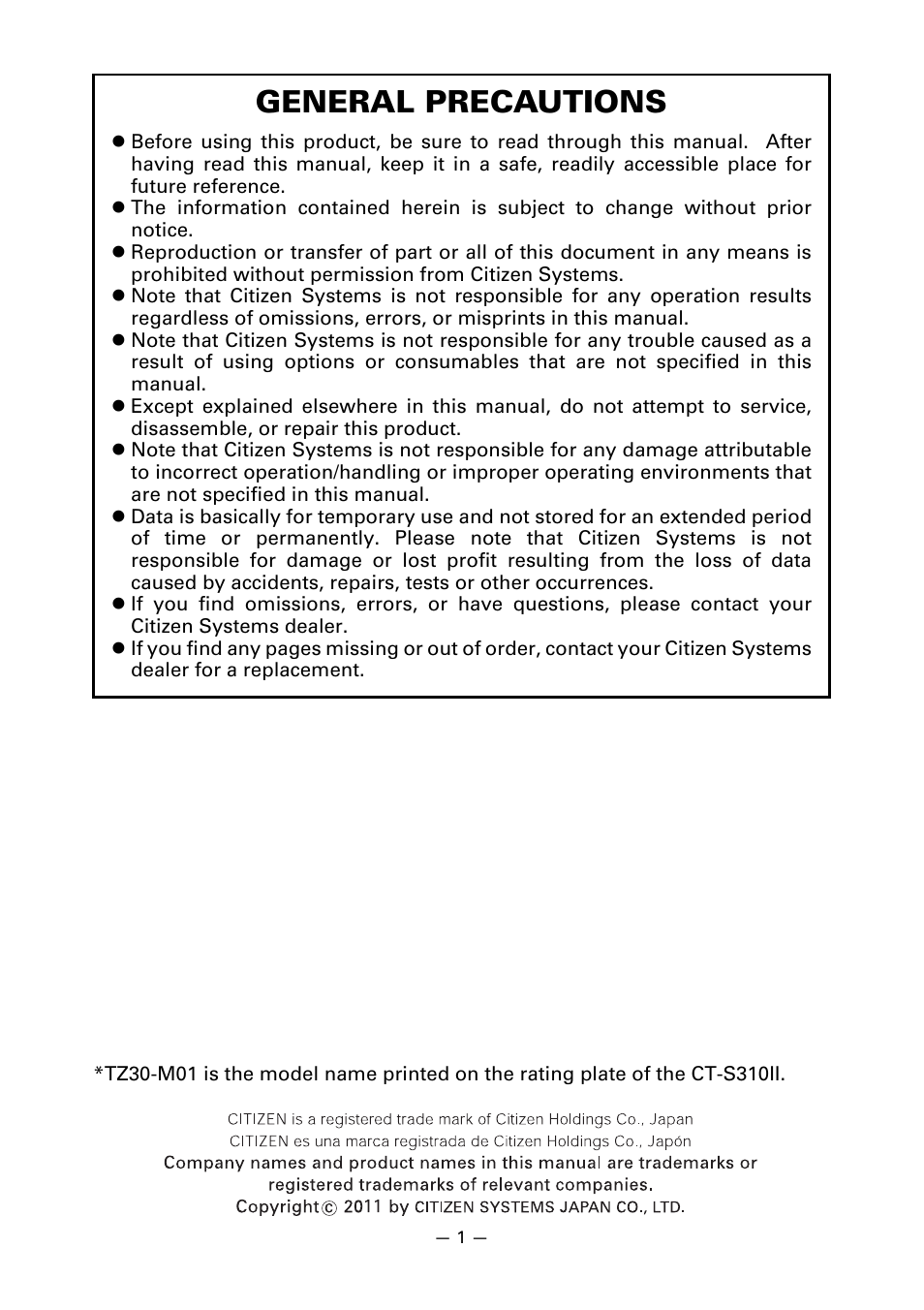 General precautions | CITIZEN CT-S310II User Manual | Page 4 / 44