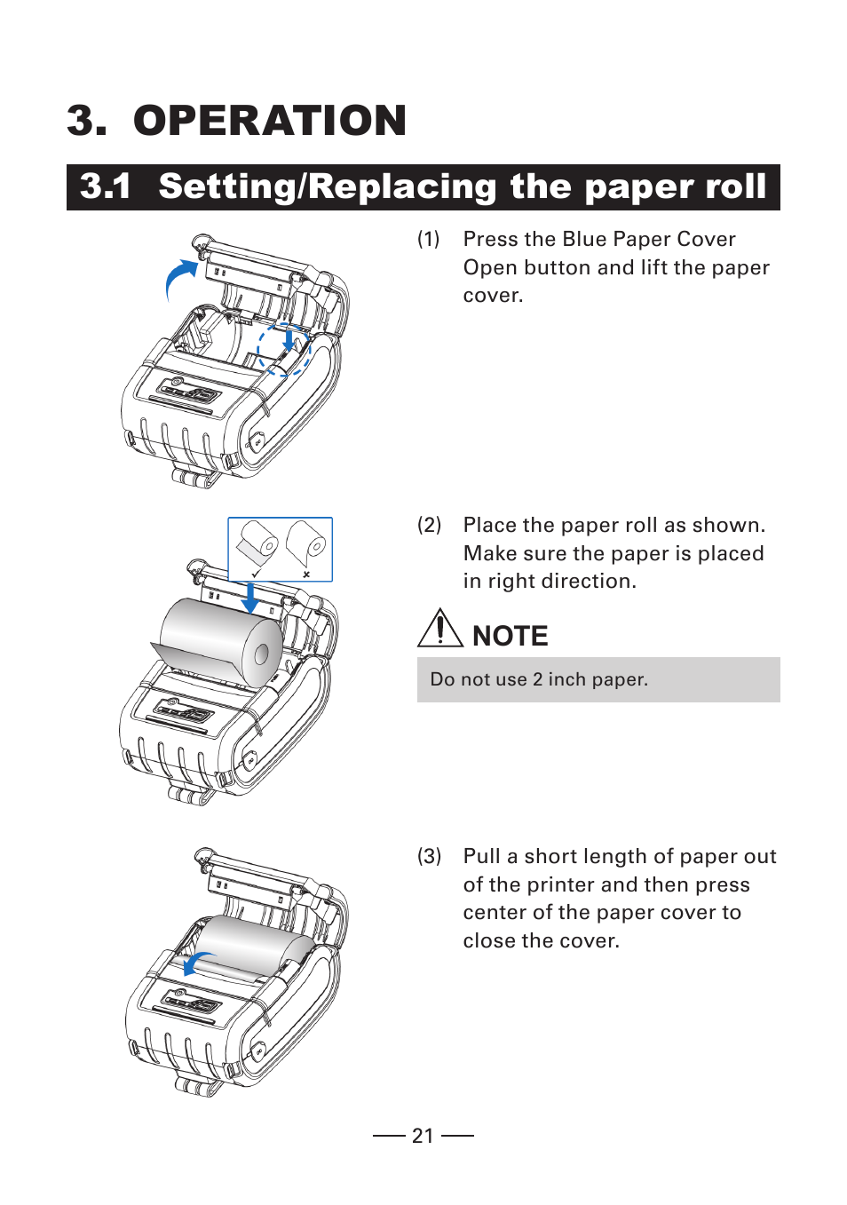 Operation, 1 setting/replacing the paper roll | CITIZEN CMP-30 User Manual | Page 21 / 33