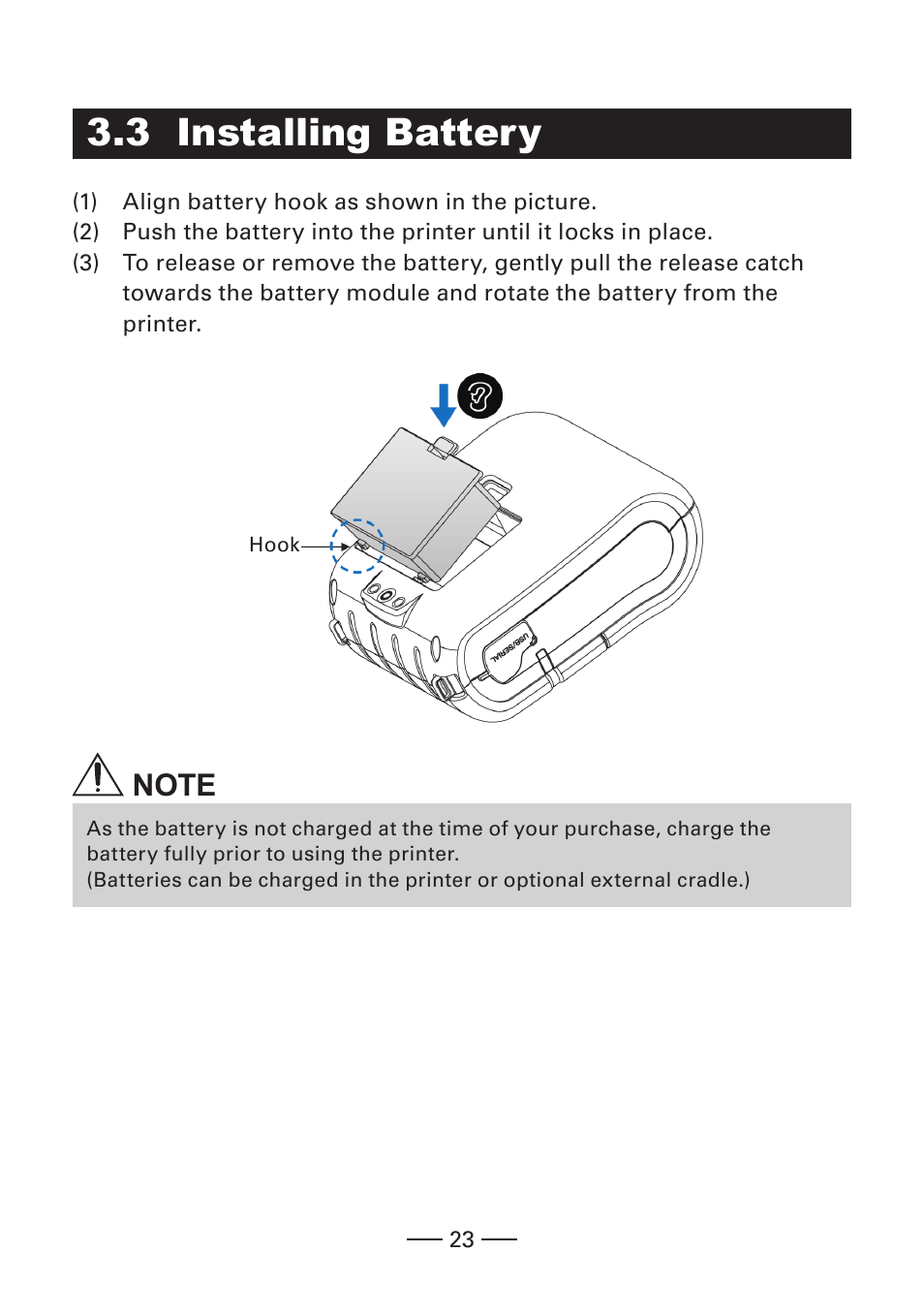 3 installing battery, N 3.3 installing battery t | CITIZEN CMP-30 User Manual | Page 23 / 33