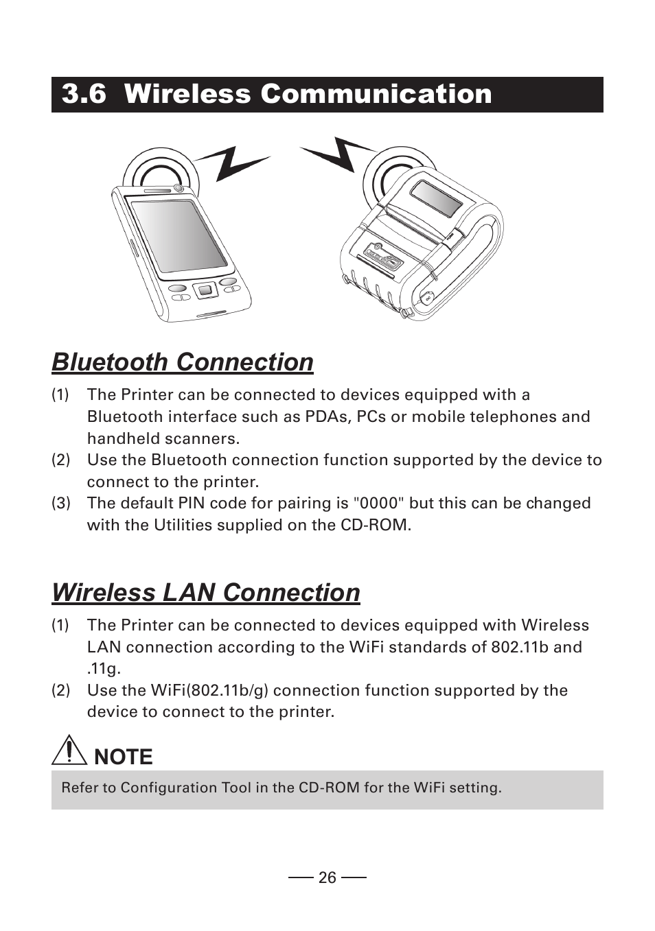 6 wireless communication, Bluetooth connection, Wireless lan connection | CITIZEN CMP-30 User Manual | Page 26 / 33