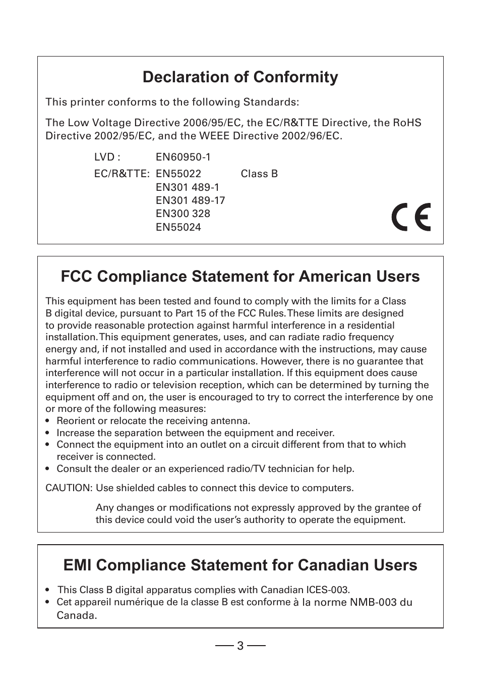 Declaration of conformity, Fcc compliance statement for american users, Emi compliance statement for canadian users | CITIZEN CMP-30 User Manual | Page 3 / 33
