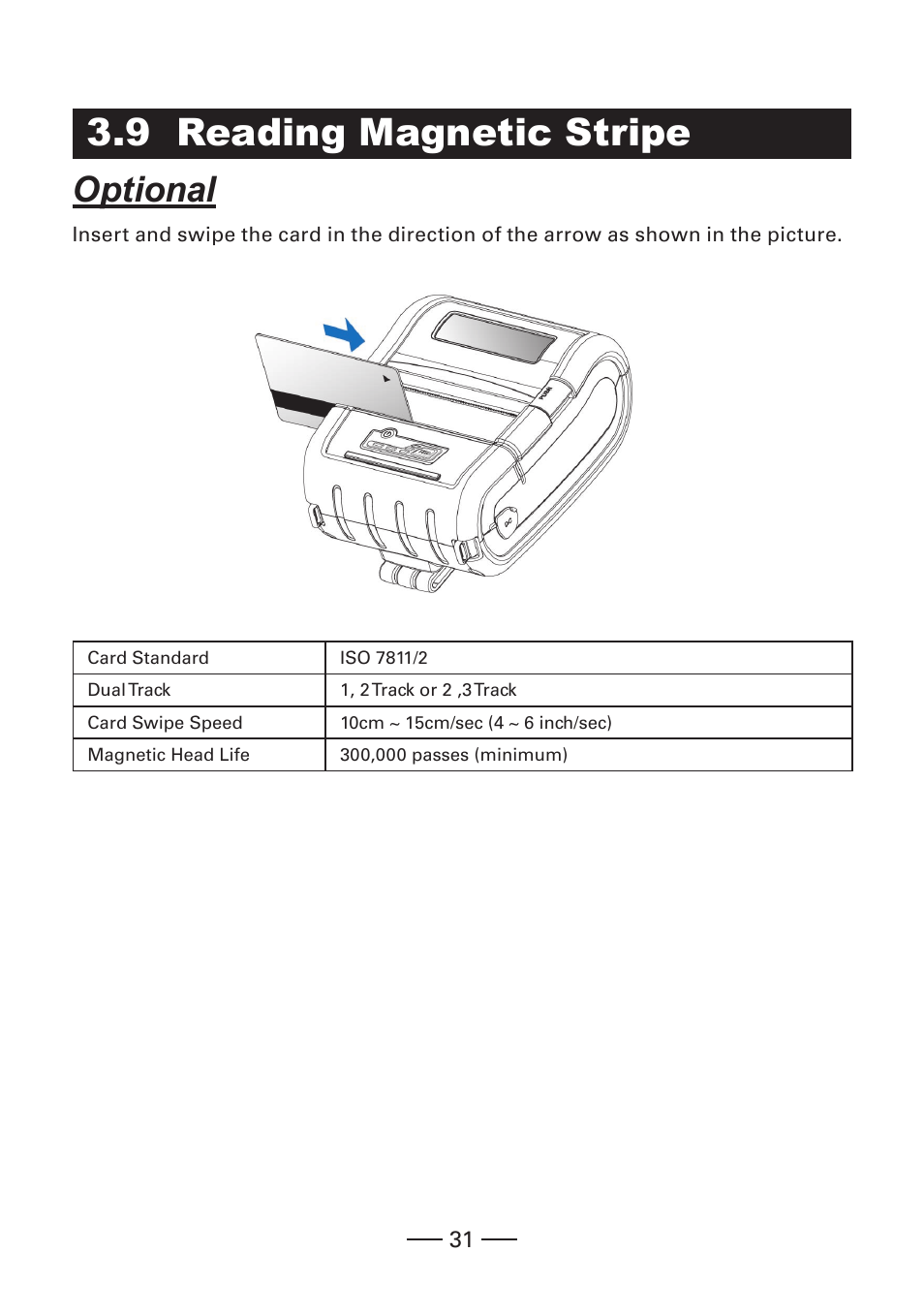 9 reading magnetic stripe, Optional | CITIZEN CMP-30 User Manual | Page 31 / 33