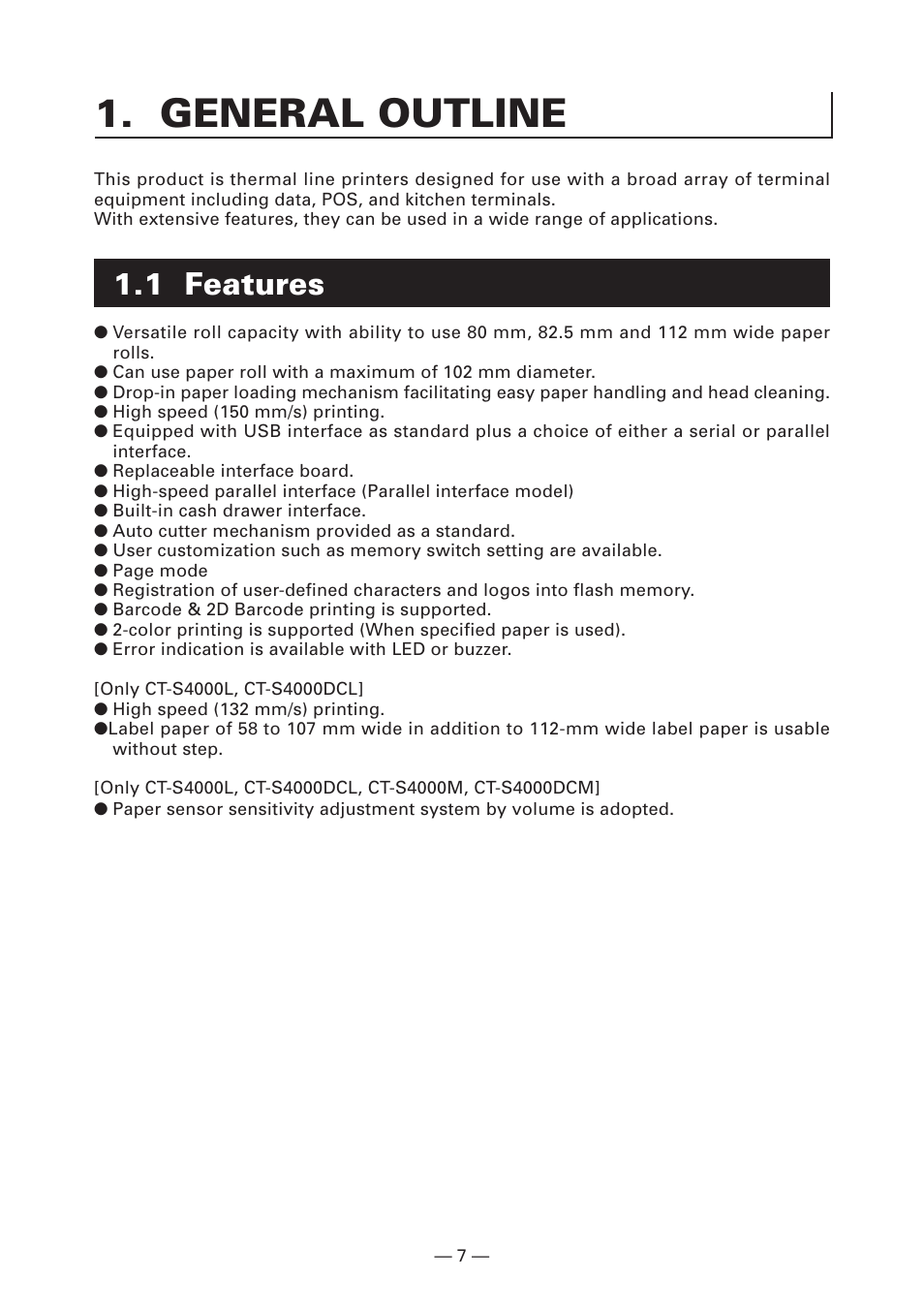 General outline, 1 features | CITIZEN CT-S4000L User Manual | Page 10 / 160